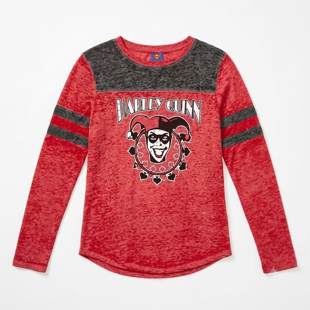 Batman Harley Quinn Burnout Graphic Tee Red Gray Womens Juniors Medium 7 8